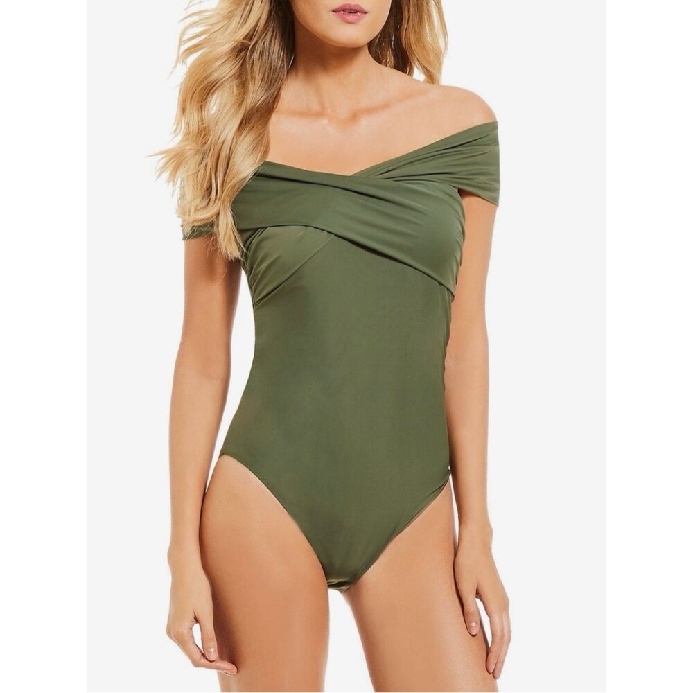 Antonio Melani Pacific Beach Off Shoulder One Piece Swimsuit Olive Green Size 10